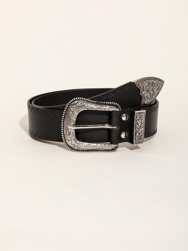 Curea nouă cu model sculptat la margini în stoc, la modă și versatilă, potrivită pentru pantaloni cu picior larg, pantaloni de costum, curea din piele PU pentru femei