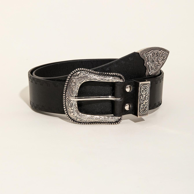 Curea nouă cu model sculptat la margini în stoc, la modă și versatilă, potrivită pentru pantaloni cu picior larg, pantaloni de costum, curea din piele PU pentru femei