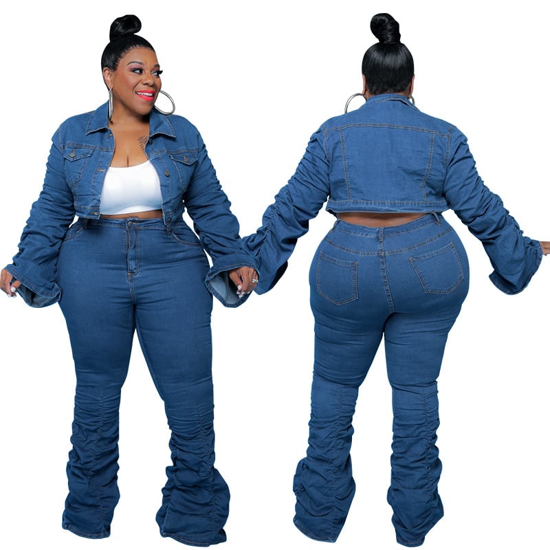 Jachetă din denim cu mânecă lungă pentru femei, de mărime mare, transfrontalieră, de toamnă și iarnă, 21807, cu pantaloni plisați, nouă 2021