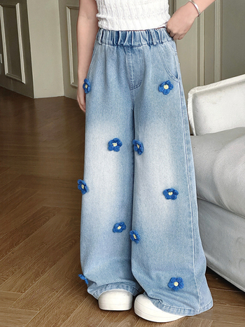 Τζιν για κορίτσια 2025 Φθινόπωρο Νέο Στυλ Πλεκτό Φλοράλ Ίσιο Παντελόνι για Μεγαλύτερα Παιδιά, Χαλαρό Παιδικό Παντελόνι Μέχρι το Πάτωμα Διασυνοριακό