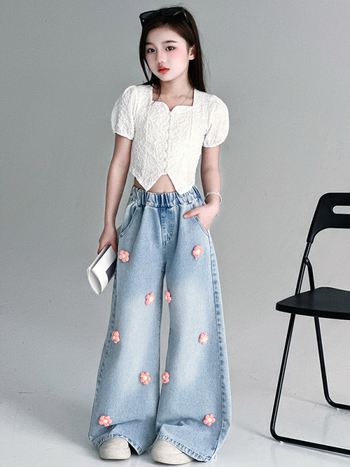 Τζιν για κορίτσια 2025 Φθινόπωρο Νέο Στυλ Πλεκτό Φλοράλ Ίσιο Παντελόνι για Μεγαλύτερα Παιδιά, Χαλαρό Παιδικό Παντελόνι Μέχρι το Πάτωμα Διασυνοριακό