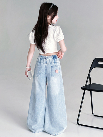 Τζιν για κορίτσια 2025 Φθινόπωρο Νέο Στυλ Πλεκτό Φλοράλ Ίσιο Παντελόνι για Μεγαλύτερα Παιδιά, Χαλαρό Παιδικό Παντελόνι Μέχρι το Πάτωμα Διασυνοριακό