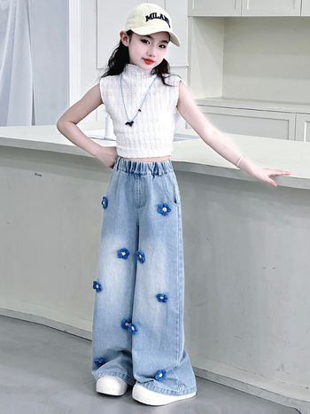 Τζιν για κορίτσια 2025 Φθινόπωρο Νέο Στυλ Πλεκτό Φλοράλ Ίσιο Παντελόνι για Μεγαλύτερα Παιδιά, Χαλαρό Παιδικό Παντελόνι Μέχρι το Πάτωμα Διασυνοριακό