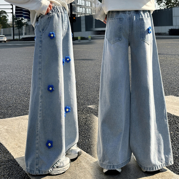Τζιν με λουλούδια για κορίτσια, παντελόνια με στερεοφωνικό ίσιο σχέδιο, άνοιξη και φθινόπωρο, 2025, νέα, μοντέρνα κορεάτικα, χαλαρά, φαρδιά παντελόνια