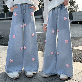 Τζιν με λουλούδια για κορίτσια, παντελόνια με στερεοφωνικό ίσιο σχέδιο, άνοιξη και φθινόπωρο, 2025, νέα, μοντέρνα κορεάτικα, χαλαρά, φαρδιά παντελόνια