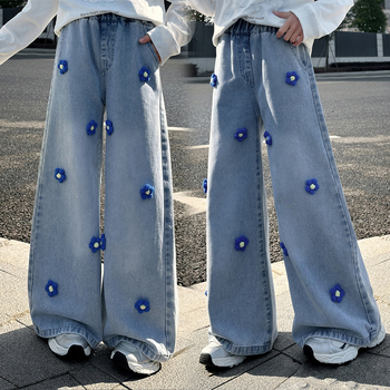 Τζιν με λουλούδια για κορίτσια, παντελόνια με στερεοφωνικό ίσιο σχέδιο, άνοιξη και φθινόπωρο, 2025, νέα, μοντέρνα κορεάτικα, χαλαρά, φαρδιά παντελόνια