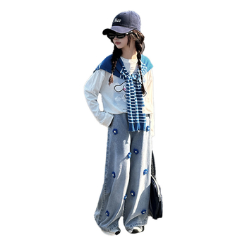 Τζιν με λουλούδια για κορίτσια, παντελόνια με στερεοφωνικό ίσιο σχέδιο, άνοιξη και φθινόπωρο, 2025, νέα, μοντέρνα κορεάτικα, χαλαρά, φαρδιά παντελόνια