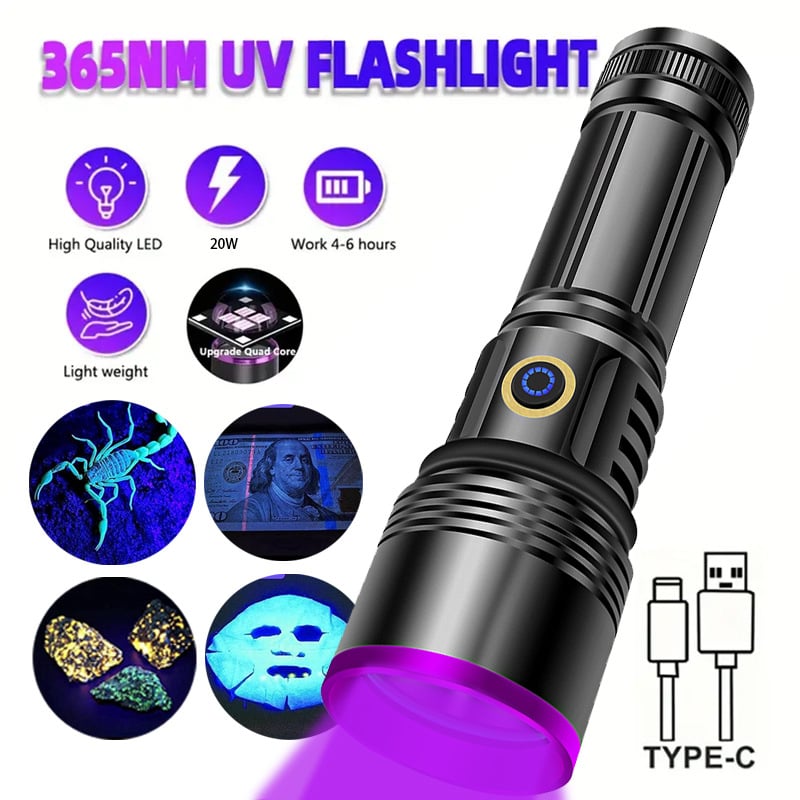 Nagy teljesítményű lila fényű zseblámpa 20 W-os nagykereskedelmi UV fekete tükör ékszer fluoreszcencia hamisítás elleni észlelés 365 nm-es lila fény raktáron