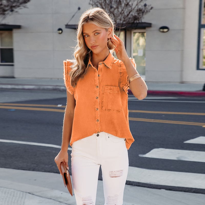 Лято 2023 нов трансграничен европейски и американски Amazon моден ежедневен ревер с едноредно закопчаване и джоб, свободен деним топ