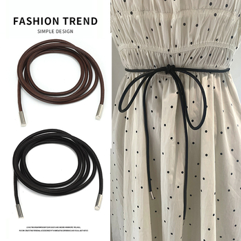 Curea rotundă din piele moale cu coardă din microfibră model piele de oaie, lungă, curea subțire cu nod decorativ pentru rochie de femeie, simplă și la modă