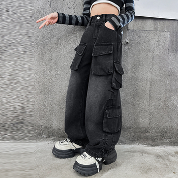 Τζιν για κορίτσια 2024 νέα άνοιξη και καλοκαίρι, δυτικού τύπου, μεσαίου και μεγάλου μεγέθους, παιδικά, με μεγάλες τσέπες, ίσια, φαρδιά παντελόνια με τζιν παντελόνι.