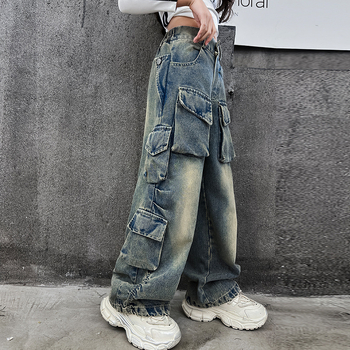 Τζιν για κορίτσια 2024 νέα άνοιξη και καλοκαίρι, δυτικού τύπου, μεσαίου και μεγάλου μεγέθους, παιδικά, με μεγάλες τσέπες, ίσια, φαρδιά παντελόνια με τζιν παντελόνι.