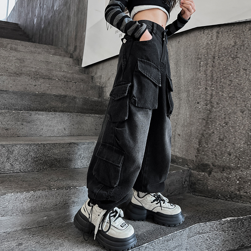 Djevojačke traperice, nove proljetne i ljetne traperice zapadnjačkog stila srednje i velike veličine s velikim džepovima, traper kombinezon s ravnim nogavicama i širokim nogavicama
