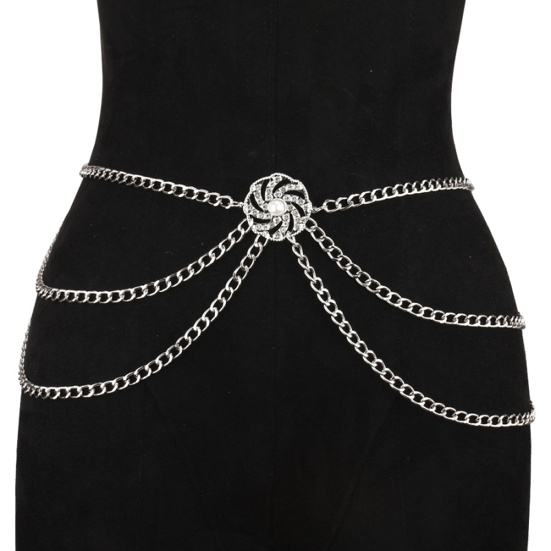 Европейски и американски трансгранични бижута, универсален многослоен диск с диаманти и перлена верижка за талия, нов декоративен метален колан за жени