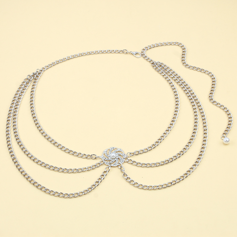 Европейски и американски трансгранични бижута, универсален многослоен диск с диаманти и перлена верижка за талия, нов декоративен метален колан за жени