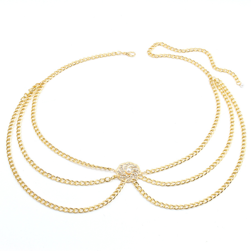 Европейски и американски трансгранични бижута, универсален многослоен диск с диаманти и перлена верижка за талия, нов декоративен метален колан за жени