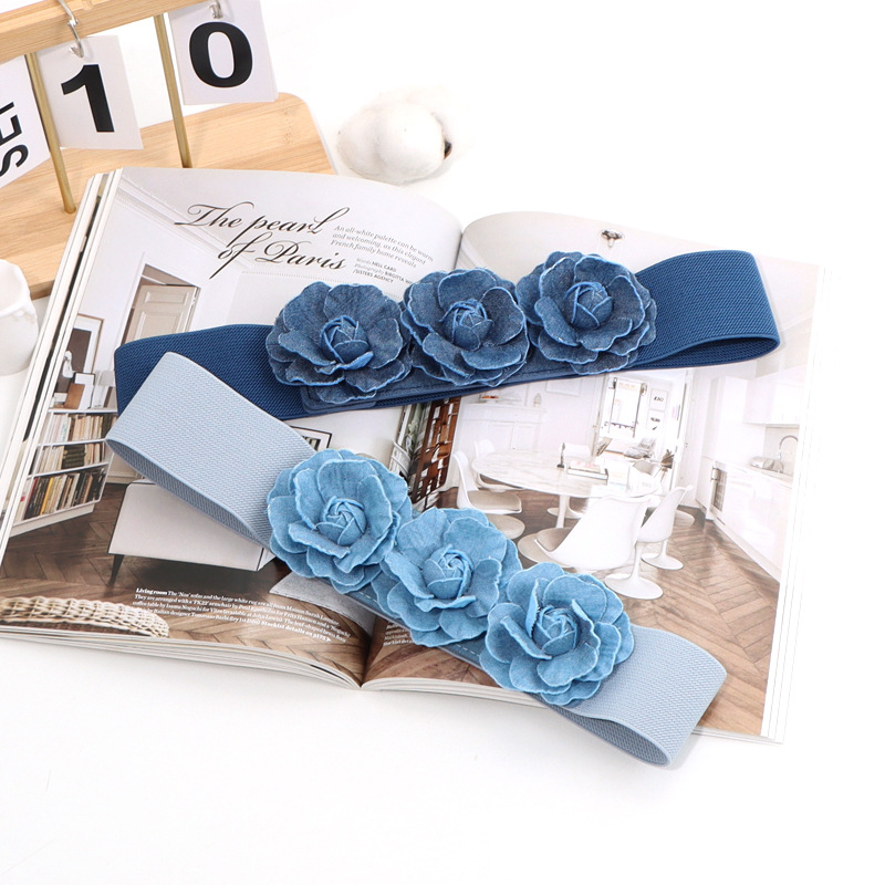 Dámsky elastický opasok v kórejskom štýle, módny, univerzálny, so širokým pásom, s kvetinovým zipsom, elastický, so širokým pásom, doplnky k šatám