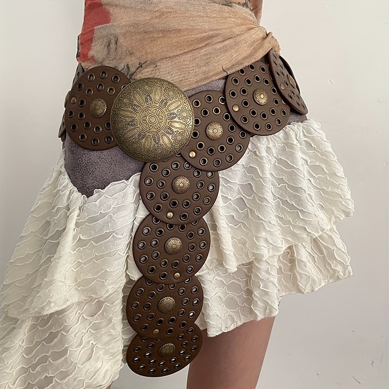 Bohém stílusú női retró mintás nagy pite kerek csatos öv farmer üreges öv minden alkalomra megfelelő hétköznapi stílus