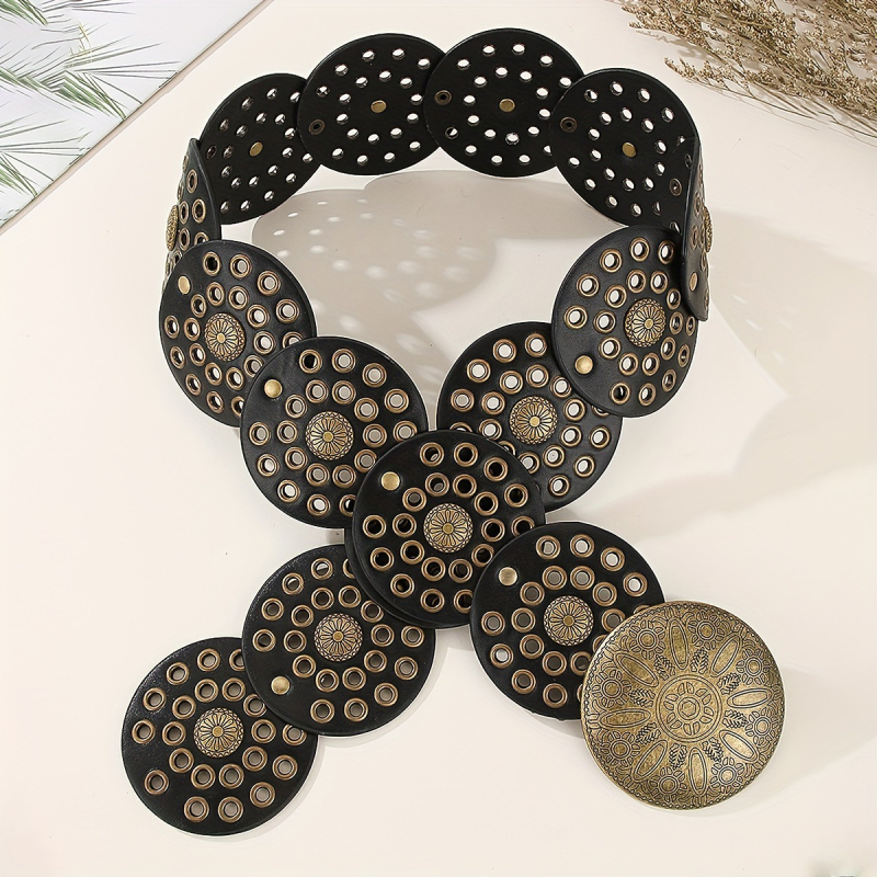 Bohém stílusú női retró mintás nagy pite kerek csatos öv farmer üreges öv minden alkalomra megfelelő hétköznapi stílus