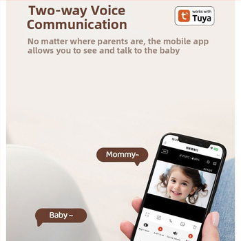 TUYA didelės raiškos kūdikių monitorius, didelės raiškos naktinio matymo temperatūros ir drėgmės aptikimas, pasukamas matymo kampas, realaus laiko domofonas