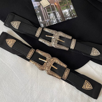 Винтидж дамско яке с двойна катарама, разтеглив ластик на талията, резбован златист и сребърен колан, черен колан, дамско яке за костюм