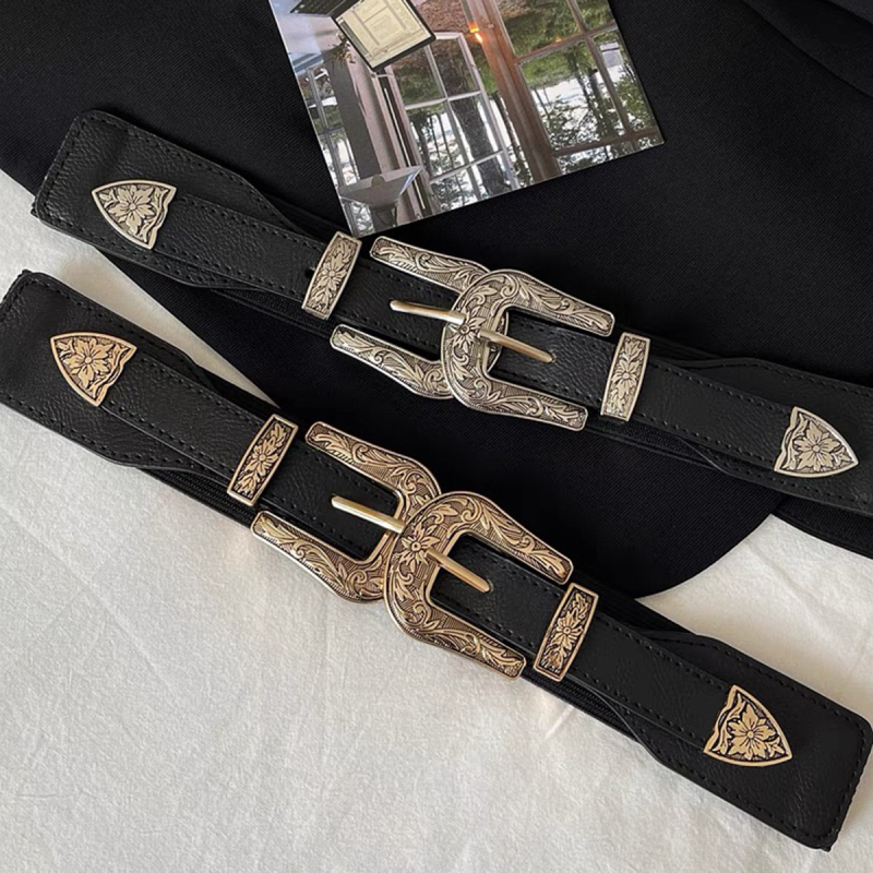 Винтидж дамско яке с двойна катарама, разтеглив ластик на талията, резбован златист и сребърен колан, черен колан, дамско яке за костюм