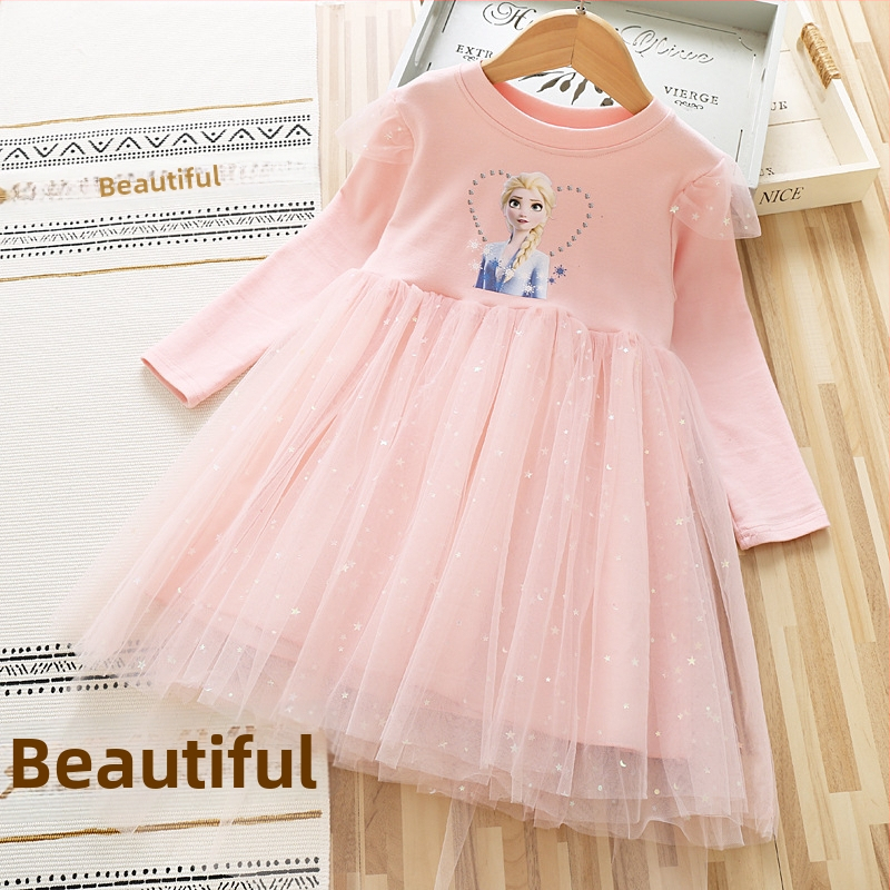 Mergaičių suknelė 2025 rudens ir žiemos kūdikiams medvilninė ilgomis rankovėmis tinklinė suknelė mažajai mergaitei žvaigždės formos princesės Elsos suknelė