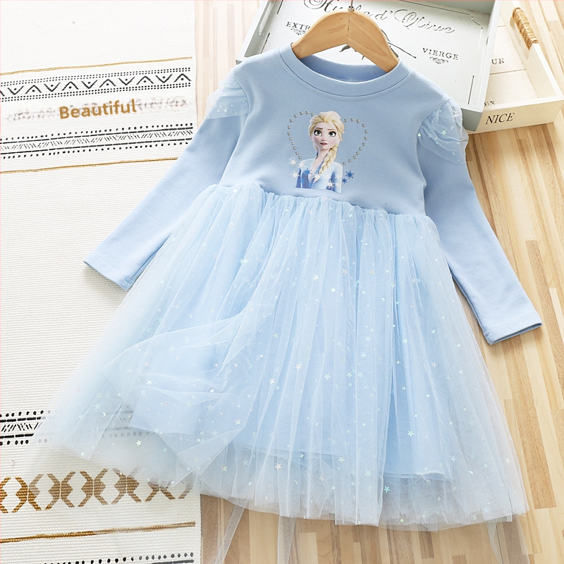 Mergaičių suknelė 2025 rudens ir žiemos kūdikiams medvilninė ilgomis rankovėmis tinklinė suknelė mažajai mergaitei žvaigždės formos princesės Elsos suknelė