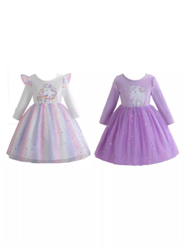 2025. aasta tüdrukute kevad- ja sügiskleit, pikkade varrukatega, ükssarviku sünnipäevalapsed, laste vikerkaarekleit, litritega võrgust printsessikleit