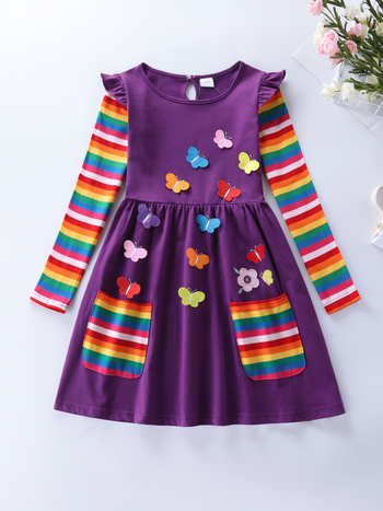 Djevojačka haljina dugih rukava, ležerna, slatka pamučna haljina s vezenim džepovima, LH81058