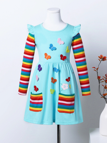 Φόρεμα για κορίτσια με μακριά μανίκια, casual, χαριτωμένο, κεντημένο φόρεμα με τσέπη για κορίτσια από βαμβάκι LH81058