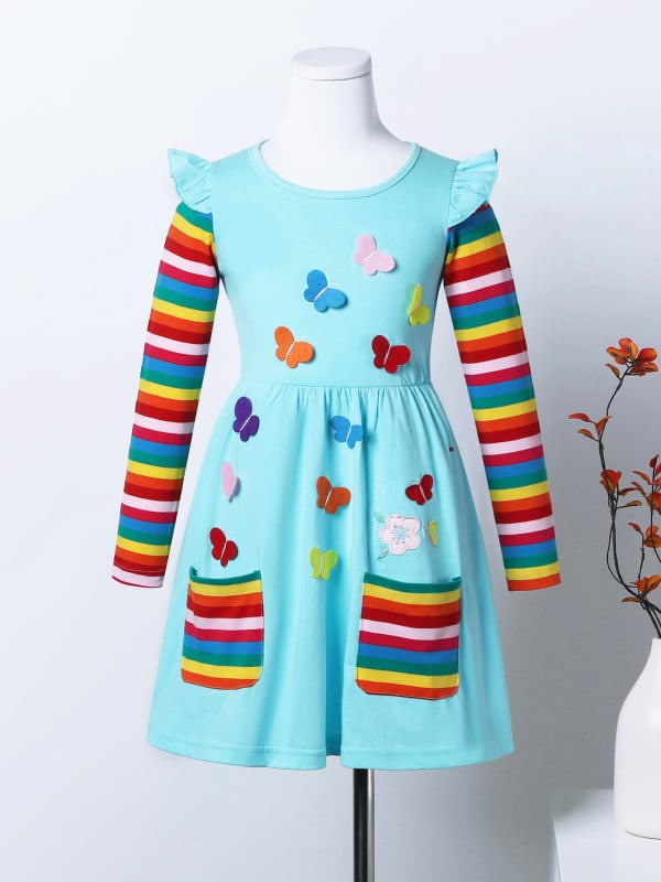 Djevojačka haljina dugih rukava, ležerna, slatka pamučna haljina s vezenim džepovima, LH81058