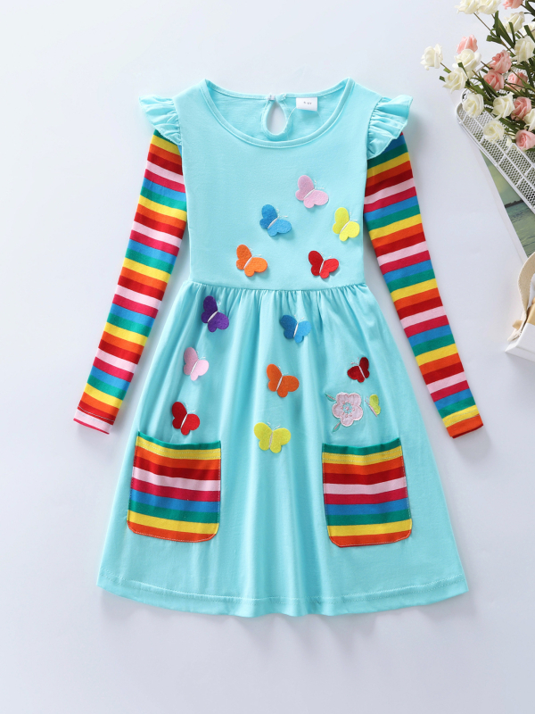 Djevojačka haljina dugih rukava, ležerna, slatka pamučna haljina s vezenim džepovima, LH81058