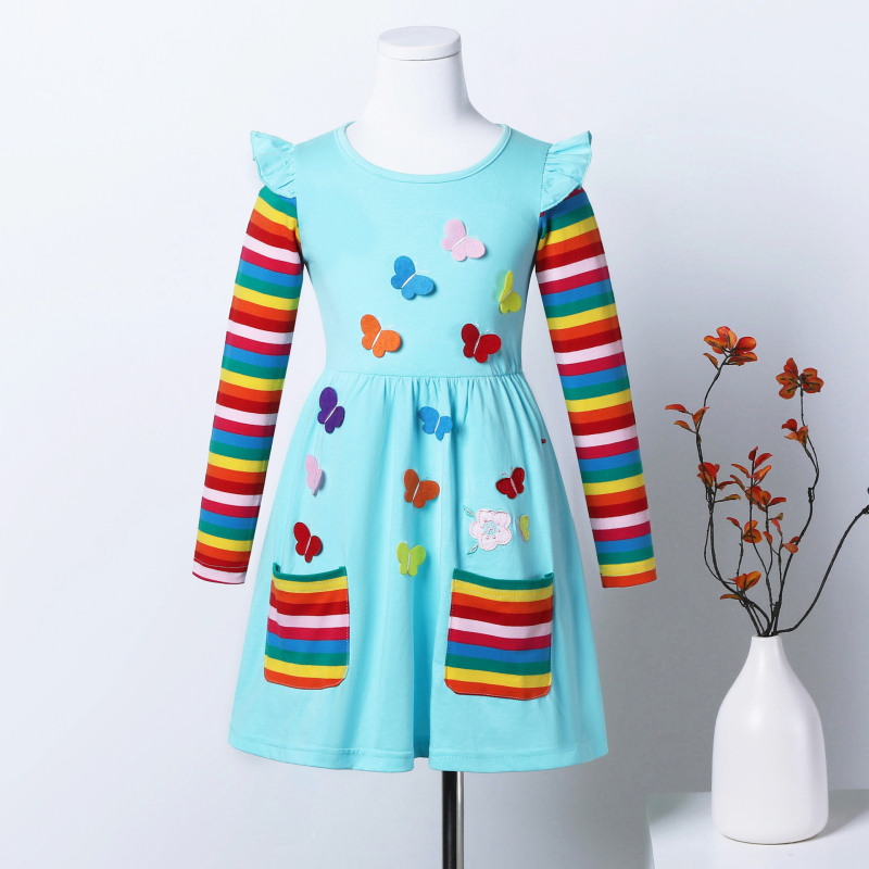 Djevojačka haljina dugih rukava, ležerna, slatka pamučna haljina s vezenim džepovima, LH81058