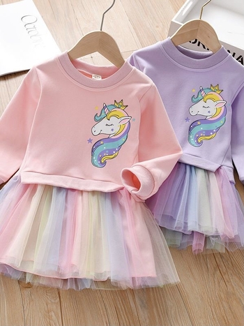 Dievčenské svetrové šaty, jarné a jesenné závojové šaty pre bábätká, dievčenské princeznovské šaty, šaty s jednorožcom a sieťovaným prešívaním