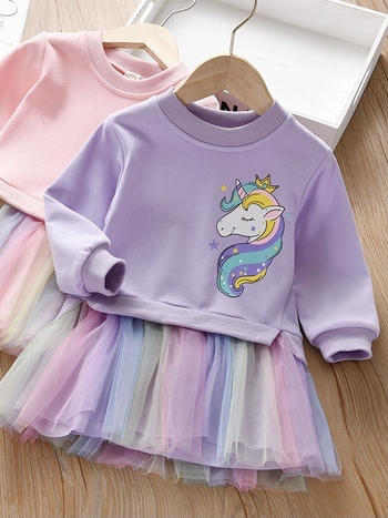 Φόρεμα πουλόβερ για κορίτσια Άνοιξη και Φθινόπωρο Φόρεμα με πέπλο για μωρά Φόρεμα πριγκίπισσας για κορίτσια Φόρεμα με ραφές μονόκερου και πλέγμα