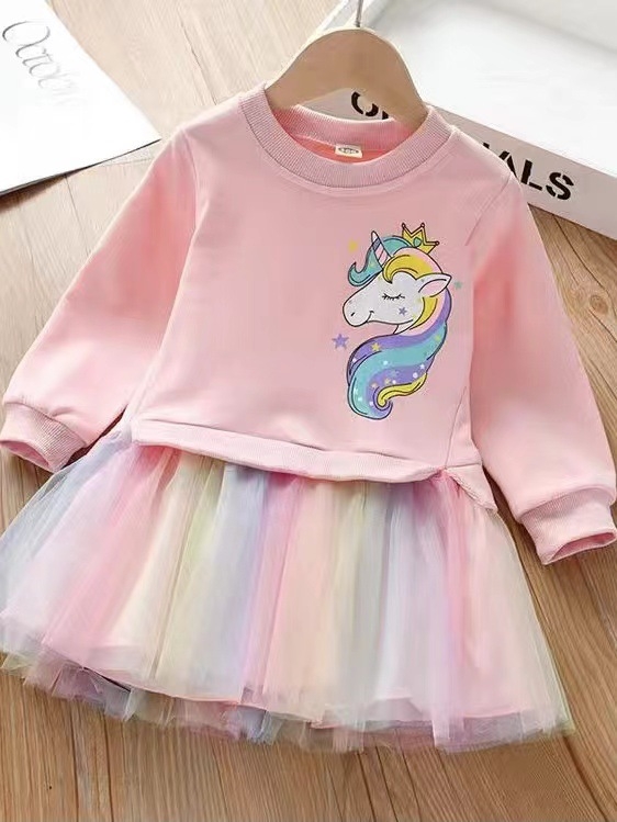 Dievčenské svetrové šaty, jarné a jesenné závojové šaty pre bábätká, dievčenské princeznovské šaty, šaty s jednorožcom a sieťovaným prešívaním