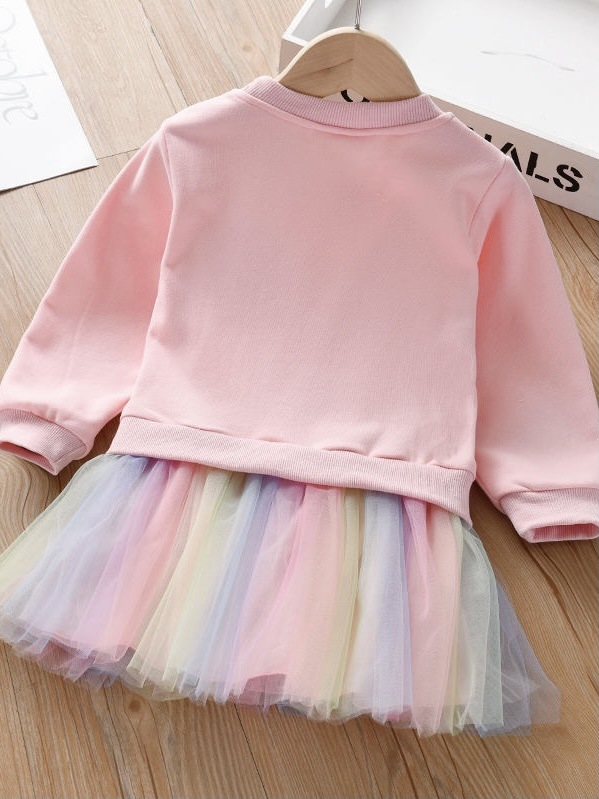 Dievčenské svetrové šaty, jarné a jesenné závojové šaty pre bábätká, dievčenské princeznovské šaty, šaty s jednorožcom a sieťovaným prešívaním