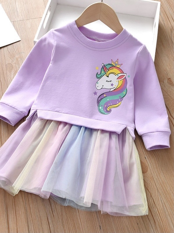 Dievčenské svetrové šaty, jarné a jesenné závojové šaty pre bábätká, dievčenské princeznovské šaty, šaty s jednorožcom a sieťovaným prešívaním