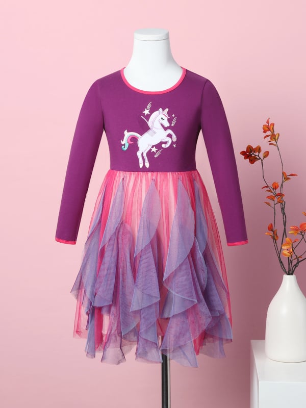Rochie de toamnă cu mânecă lungă, casual, cu unicorn, brodat cu desene animate, din bumbac, cu tiv neregulat, până la genunchi, LH1734