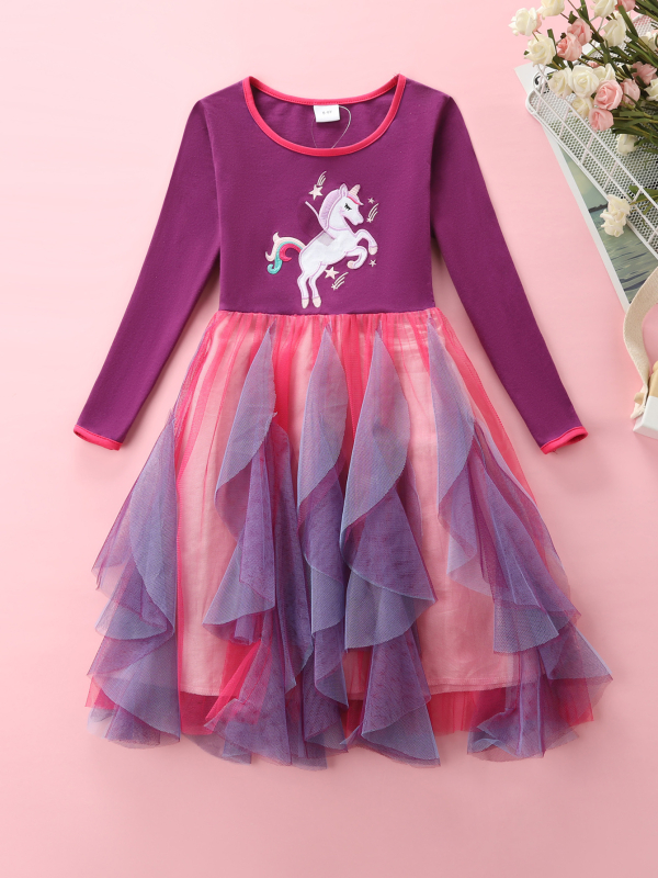 Rochie de toamnă cu mânecă lungă, casual, cu unicorn, brodat cu desene animate, din bumbac, cu tiv neregulat, până la genunchi, LH1734