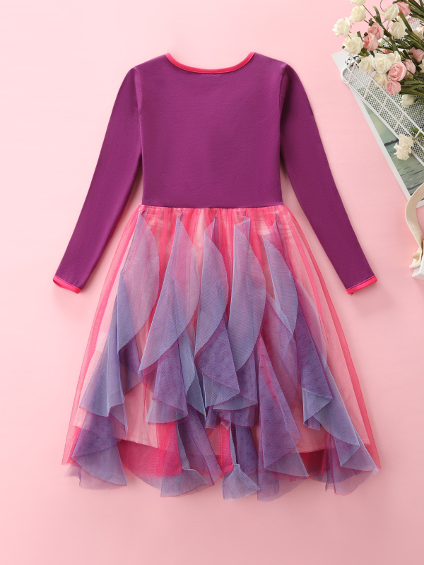 Rochie de toamnă cu mânecă lungă, casual, cu unicorn, brodat cu desene animate, din bumbac, cu tiv neregulat, până la genunchi, LH1734