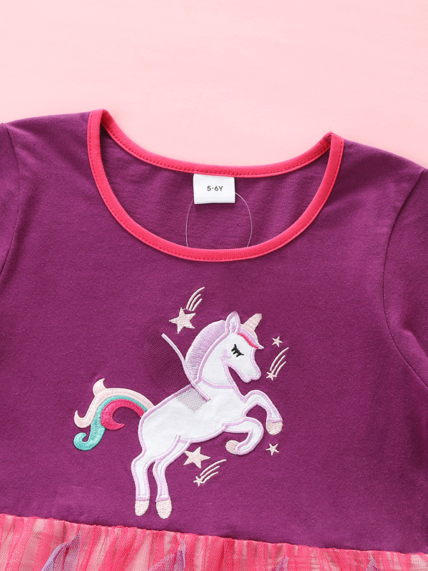 Rochie de toamnă cu mânecă lungă, casual, cu unicorn, brodat cu desene animate, din bumbac, cu tiv neregulat, până la genunchi, LH1734