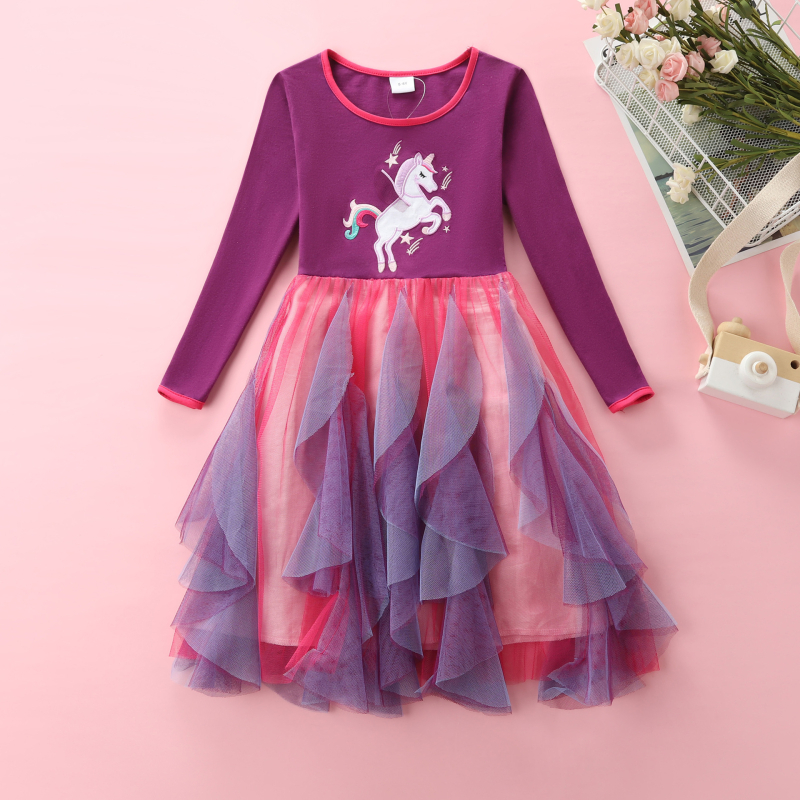 Rochie de toamnă cu mânecă lungă, casual, cu unicorn, brodat cu desene animate, din bumbac, cu tiv neregulat, până la genunchi, LH1734