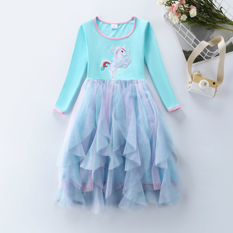 Rochie de toamnă cu mânecă lungă, casual, cu unicorn, brodat cu desene animate, din bumbac, cu tiv neregulat, până la genunchi, LH1734