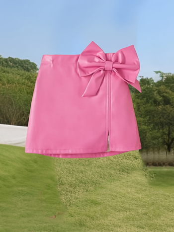 Mergaitės vientisos spalvos PU odos kaspino puošmena laisvalaikio suknelė rožinis sijonas