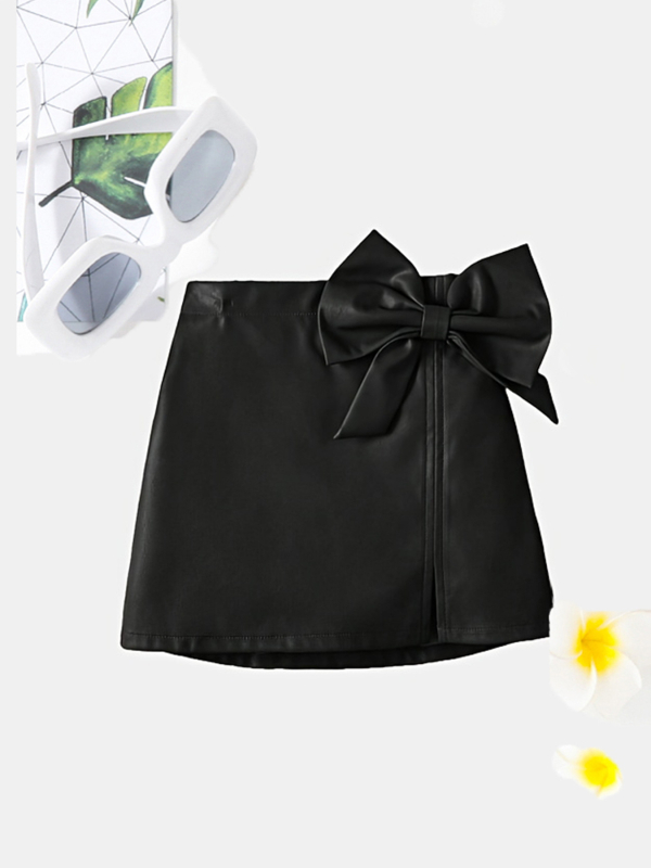 Mergaitės vientisos spalvos PU odos kaspino puošmena laisvalaikio suknelė rožinis sijonas