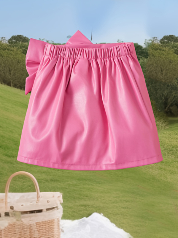 Mergaitės vientisos spalvos PU odos kaspino puošmena laisvalaikio suknelė rožinis sijonas