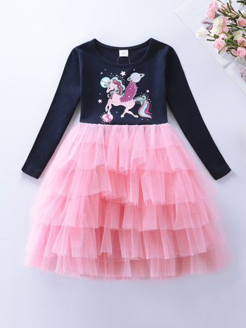 Kis és közepes méretű, hosszú ujjú, pamut, rajzfilmmintás, unikornisos, hercegnős tortaruha Lh1705