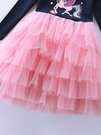 Παιδικό φόρεμα τούρτας με σχέδιο κινουμένων σχεδίων και μονόκερο, για μικρά και μεσαία παιδιά, με μακριά μανίκια και βαμβακερό σχέδιο, Lh1705